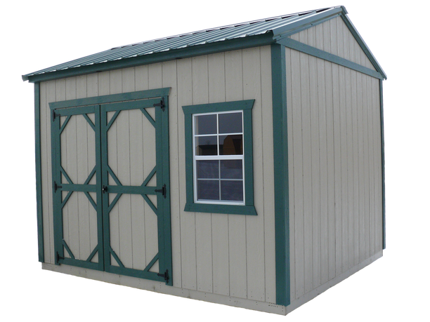 Garden shed with LP SmartSide siding and green metal roof