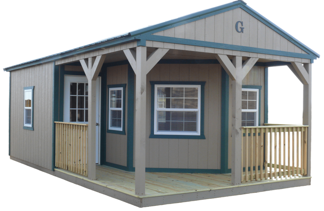 L-Shaped porch cabin with LP SmartSide siding, green metal roof and railings