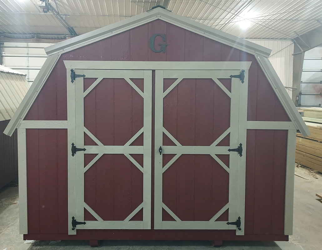 8x12 Barn with Red Metal Roof and Two tone Trim