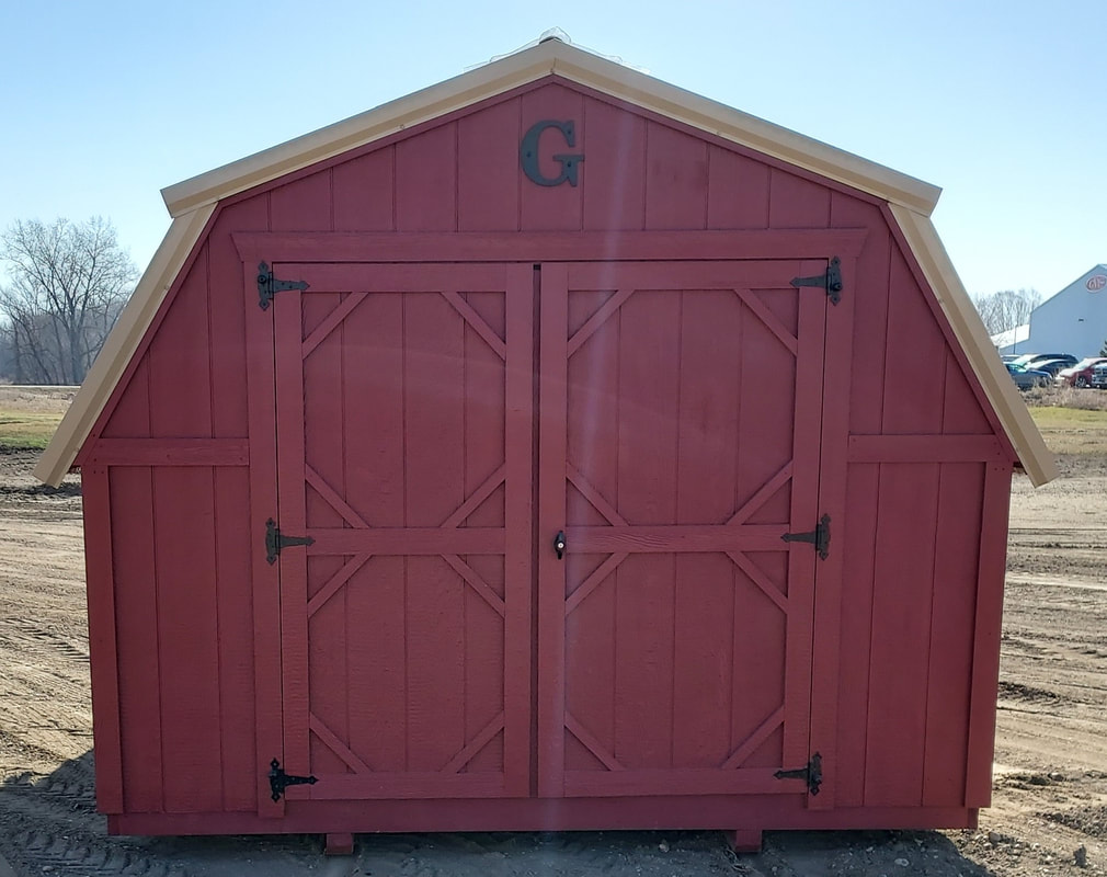 8x12 Barn with Red Metal Roof and Two tone Trim