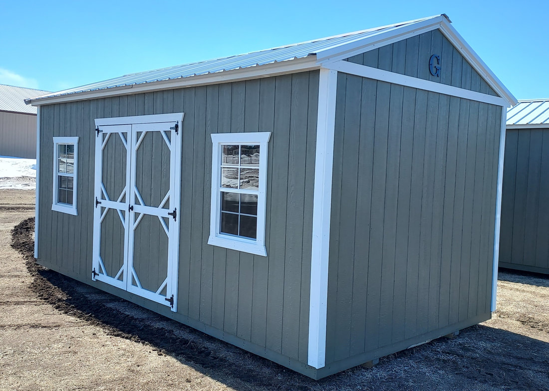 10x12 Garden Shed with Evergreen Metal Roof and LP SmartSide Siding Painted Buckskin with Evergreen Trim