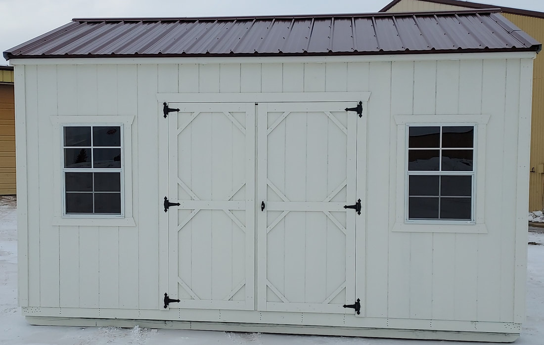 10x12 Garden Shed with Evergreen Metal Roof and LP SmartSide Siding Painted Buckskin with Evergreen Trim