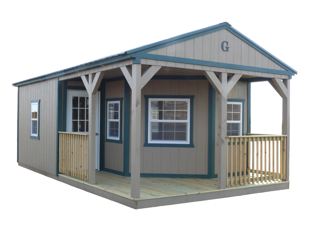 L-Shaped porch cabin with LP SmartSide siding, green metal roof and railings